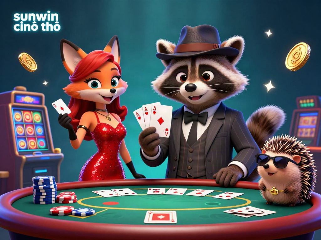 Experience thrilling wins at sunwin chính chủ with raccoon holding a royal flush amidst vibrant casino elements.