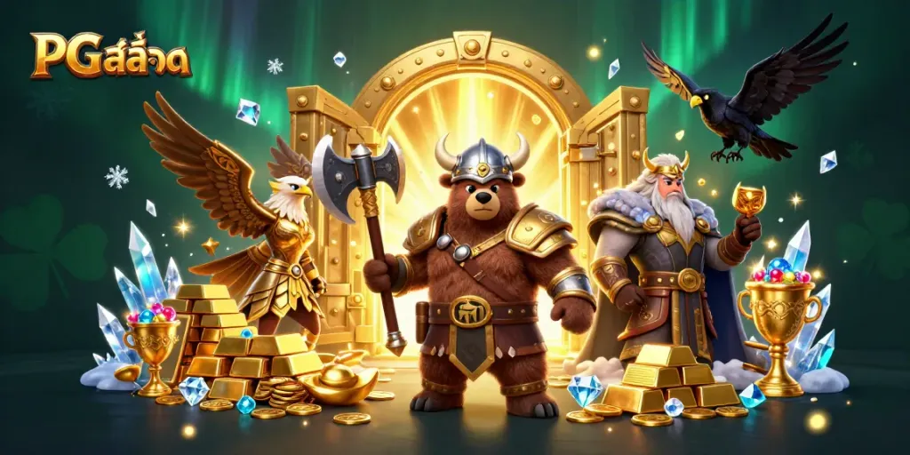 Spin and win big with PG สล็อต as cartoon Viking and Valkyrie discover treasures.