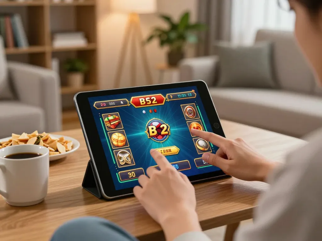 Engaged player enjoying the b52 game on a tablet in a cozy home setting