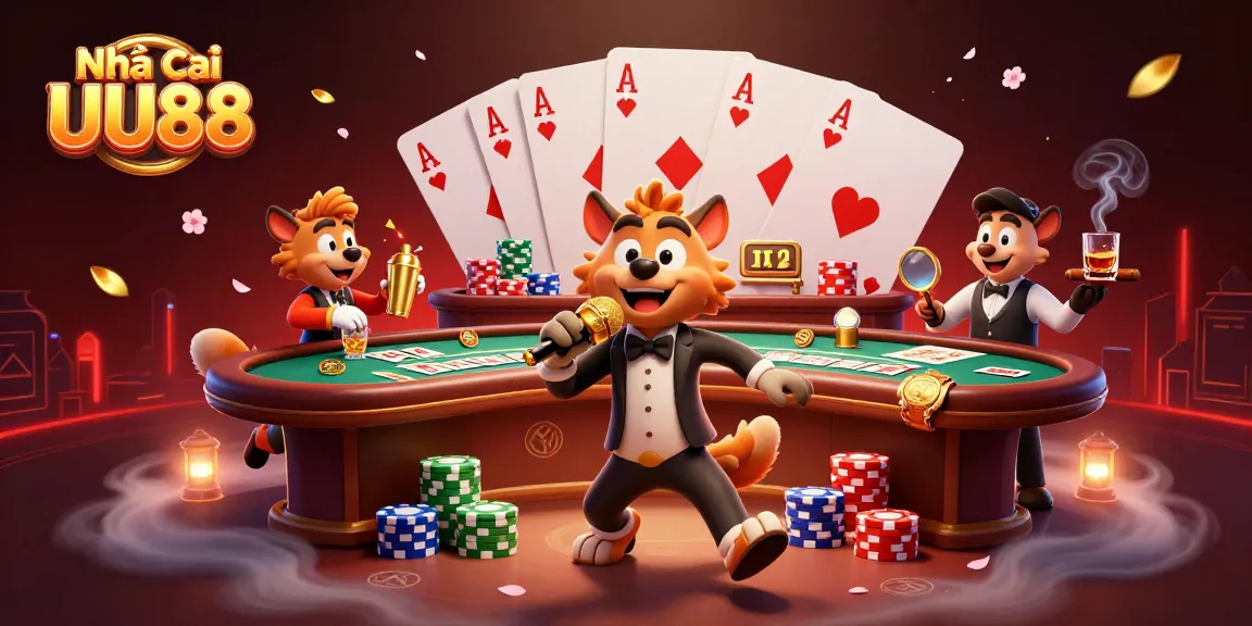 Engage with Nhà cái UU88 in a vibrant 3D comedy casino scene featuring hyenas and games.
