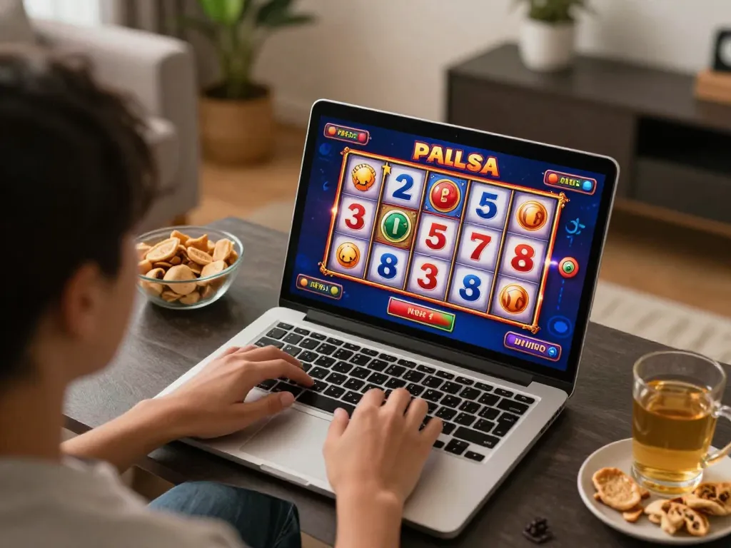 Permainan slot pulsa yang menarik di laptop di lingkungan rumah yang nyaman, menunjukkan kegembiraan perjudian online