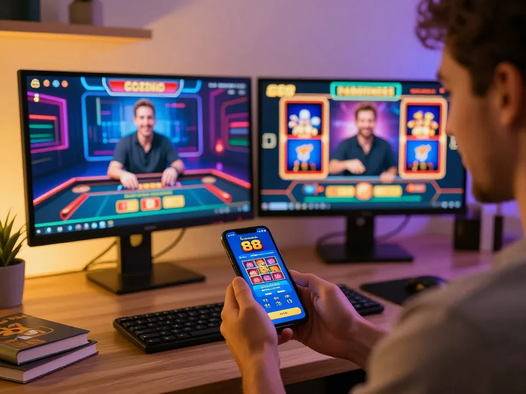 Engaged player enjoying Go 88 casino app on smartphone amid a vibrant online gaming setup.
