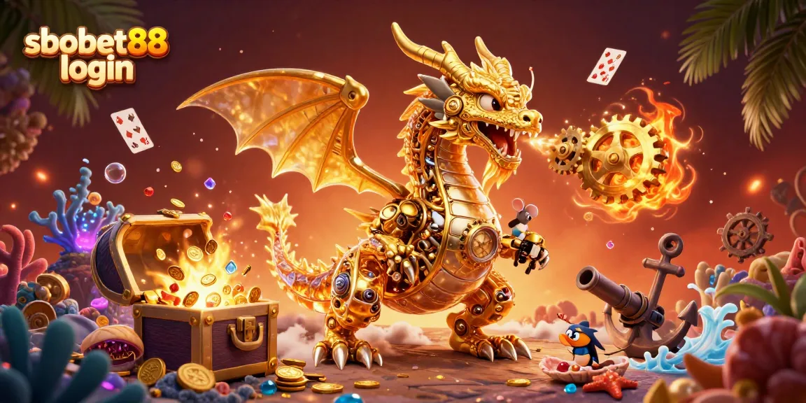 Experience sbobet88 login with a vibrant 3D illustration showcasing casino excitement, gold coins, and dynamic characters.