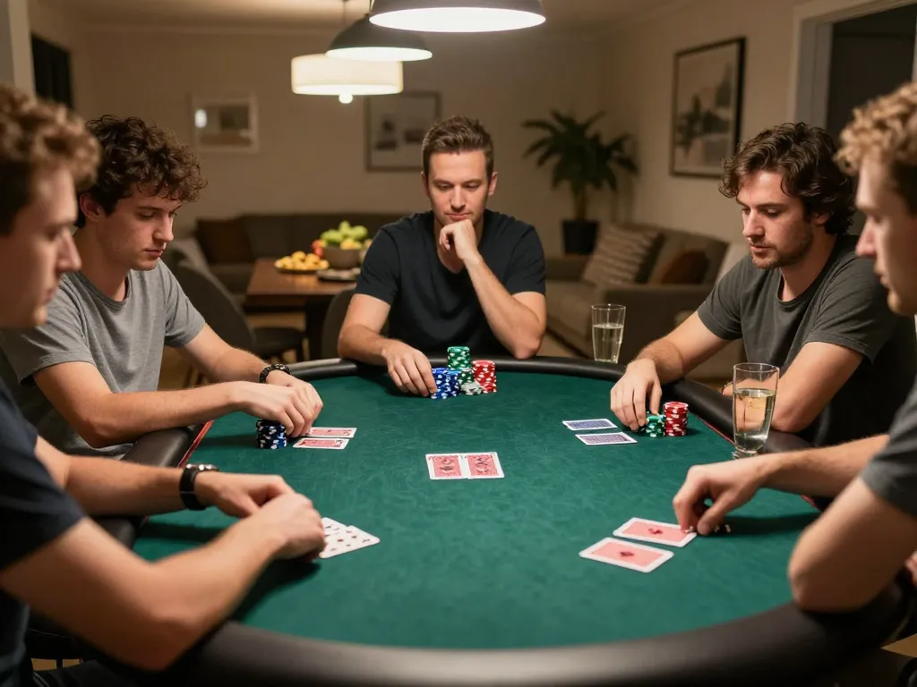 Players engaging in a competitive poker game at home, highlighting strategic decisions at the MB66 table.