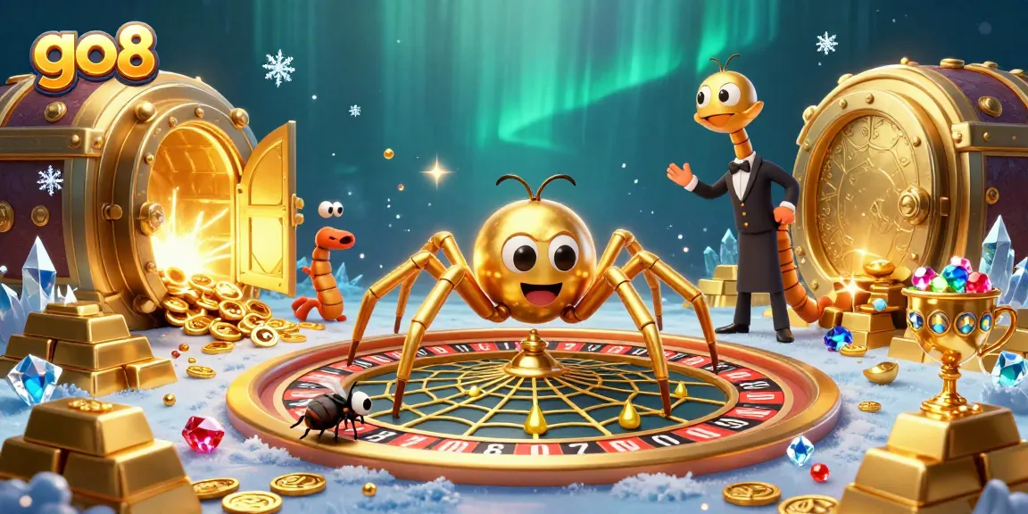 Place bets confidently at the go8 roulette wheel crafted by a golden spider, with jewels and gold overflowing.