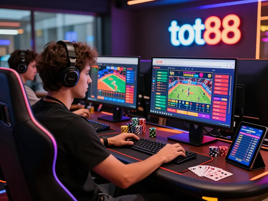 Engaging gamer on modern setup enjoying tot88 online betting platform.