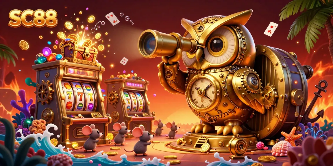 Experience thrilling gaming action at SC88 with a dynamic casino illustration featuring an owl and treasure.