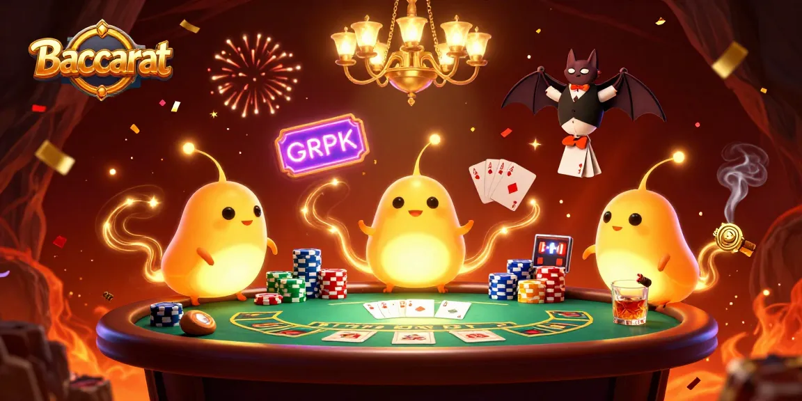 Baccarat shines bright as glowworms illuminate a vibrant casino setting, featuring colorful chips and cards.