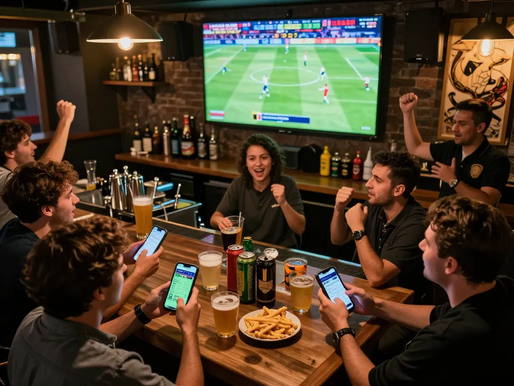 Fans enjoying sports betting at LC88, cheering and using mobile devices during live game.