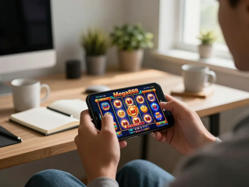 Mega888 Casino mobile player enjoying an exciting slot game on a smartphone in a cozy home office.