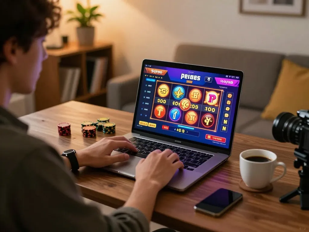 Engaging in slot pulsa online games shows a player focused on the action and strategy at home.