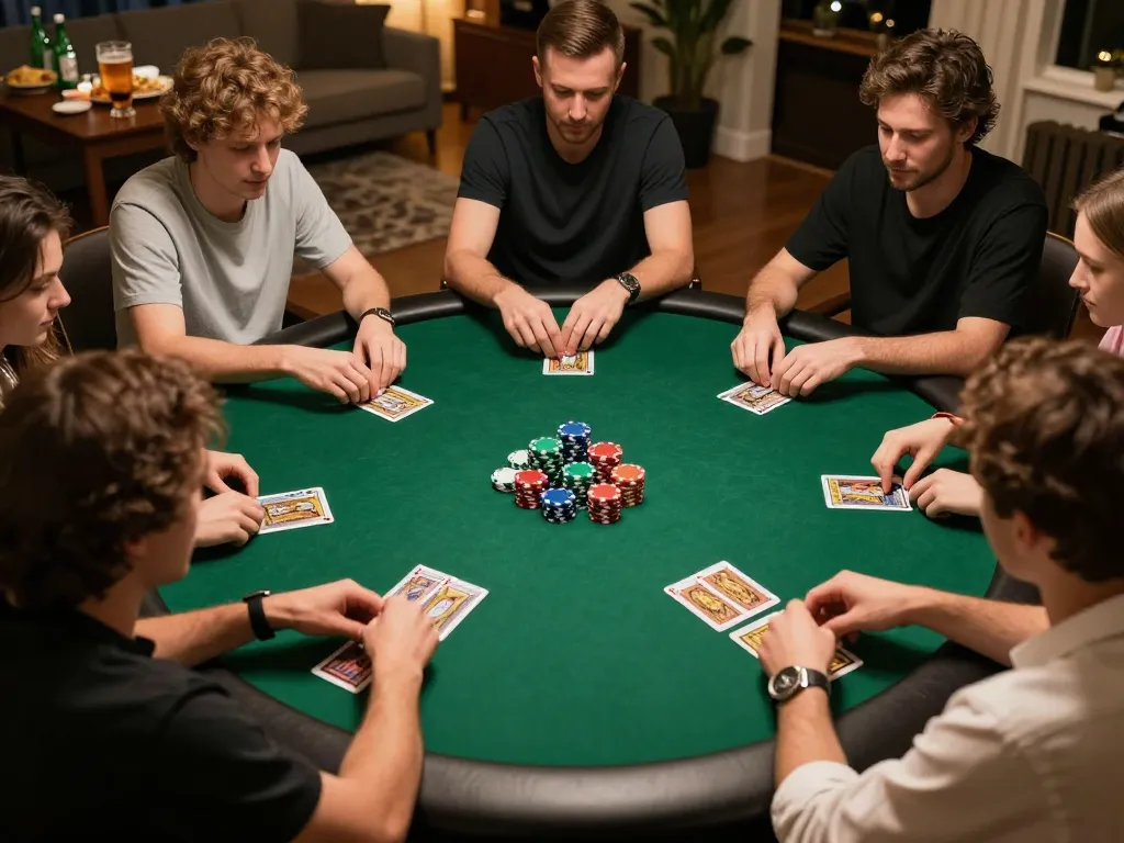 Players strategizing during a home poker night featuring g28tv themed gaming elements