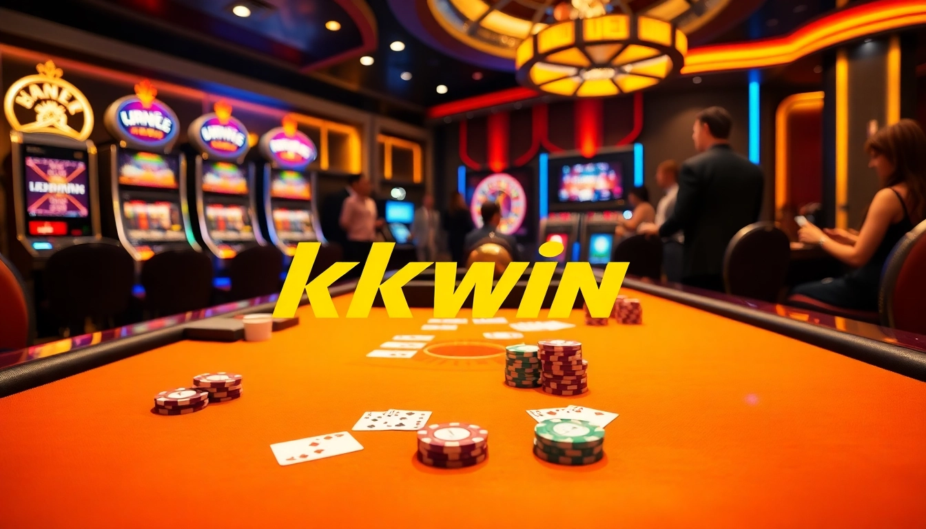 Kkwin casino scene with poker table, vibrant slot machines, and roulette wheel showcasing excitement