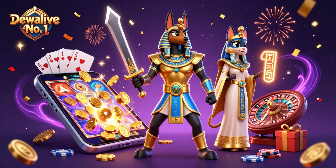 Dewalive No. 1 presents a vibrant 3D illustration showcasing Anubis and Bastet in a dynamic casino setting.