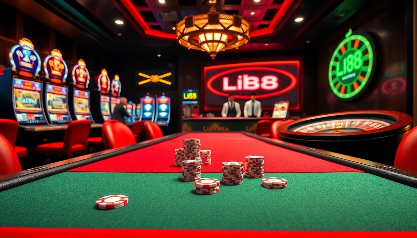 Experience the excitement of gambling at LU88 with vibrant casino scenes, poker chips, and roulette wheels.