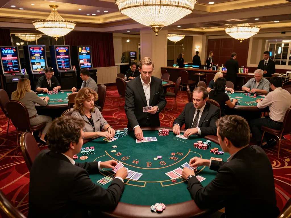 Iwin players engaged in intense blackjack gameplay on a luxurious casino floor.