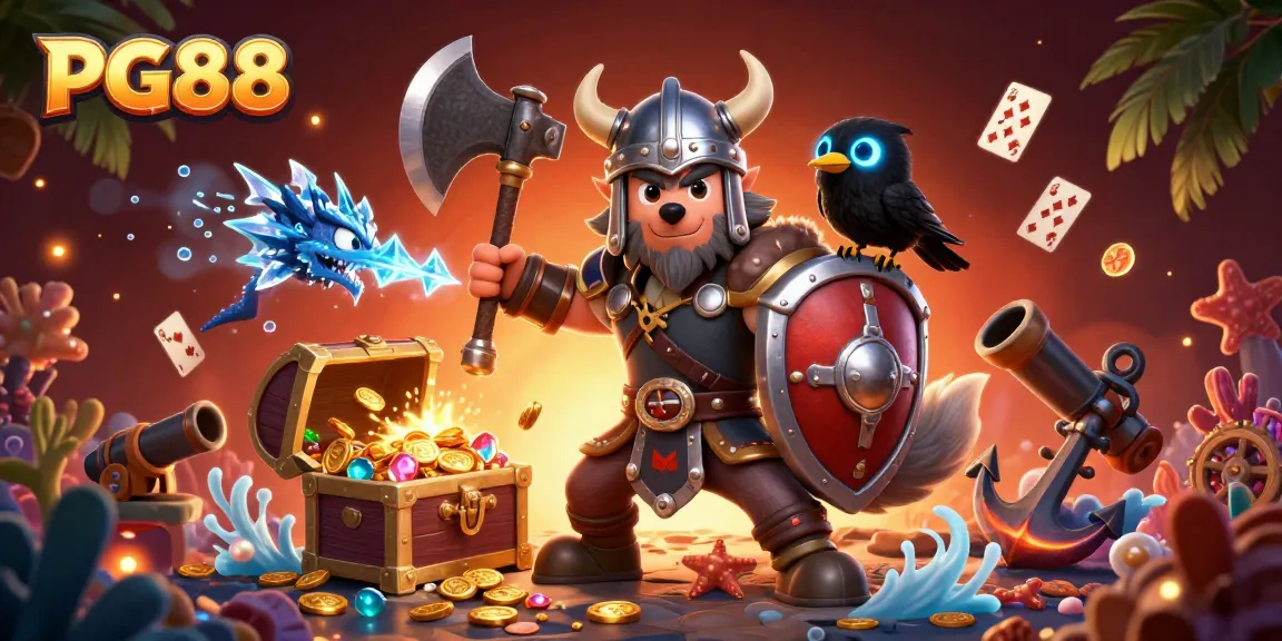 Engage with PG88's thrilling adventure featuring a Viking wolf warrior and dragon amidst a treasure-filled backdrop