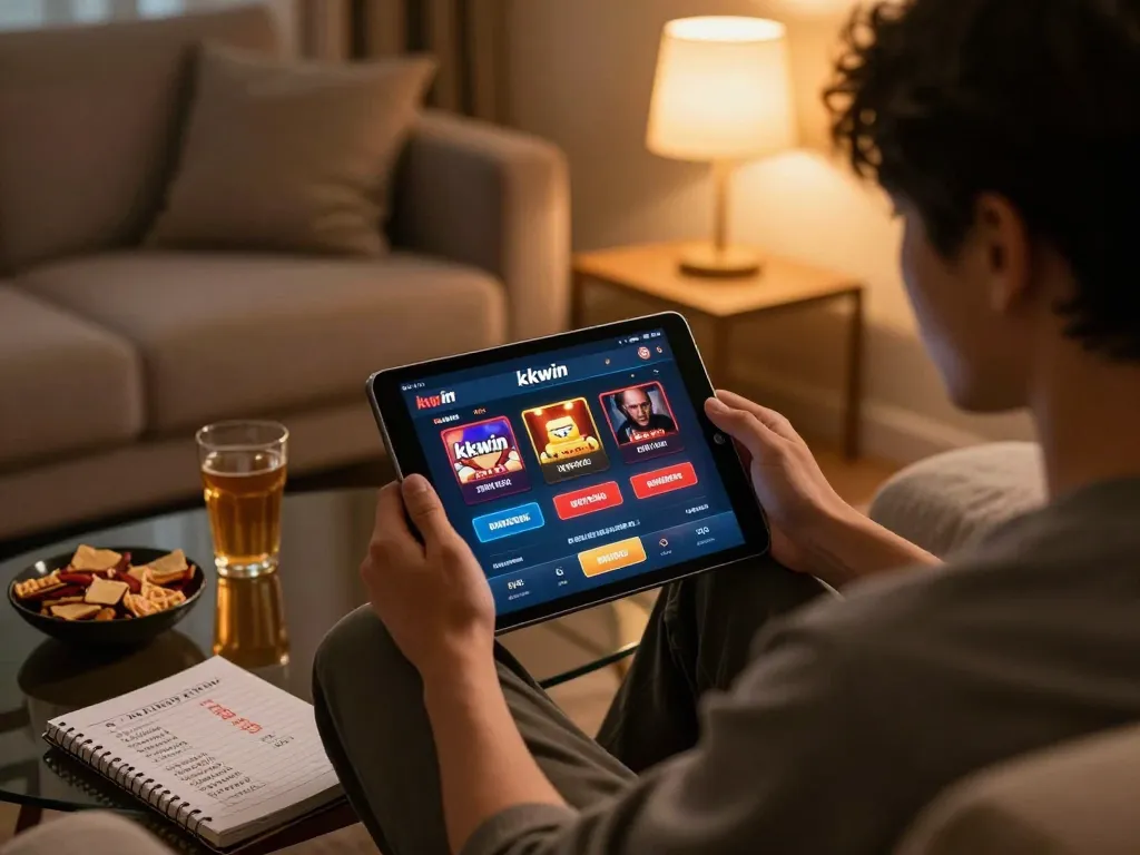 Player enjoying online games on kkwin app in a cozy living room atmosphere.
