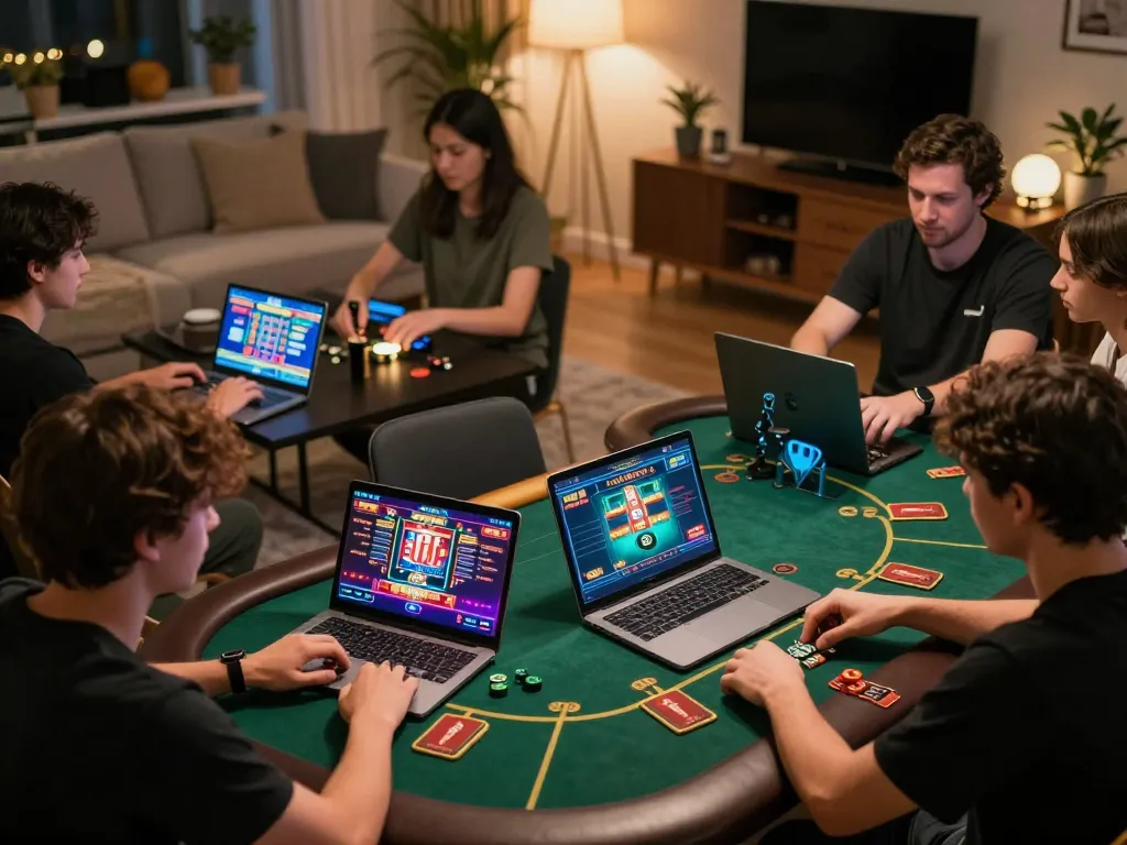 Rikvip players immersing themselves in dynamic online gambling experience at home with multiple devices.