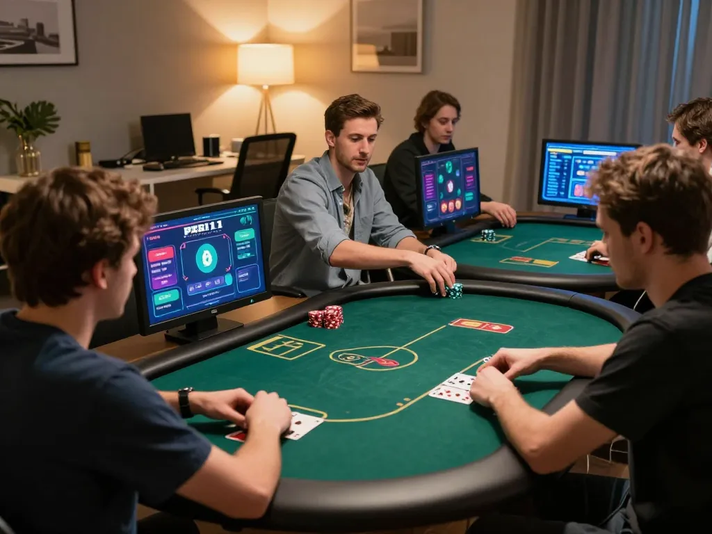 Engaged players enjoying a thrilling PERI11 online poker game in a cozy home office setting, showcasing vibrant gameplay.