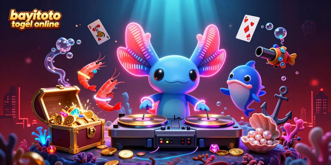 Experience bayitoto togel online with vibrant underwater fun featuring an axolotl DJ and lively sea characters.
