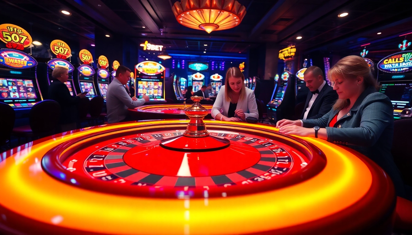Experience the excitement of i9bet at a luxurious casino scene with vibrant roulette and engaging players.