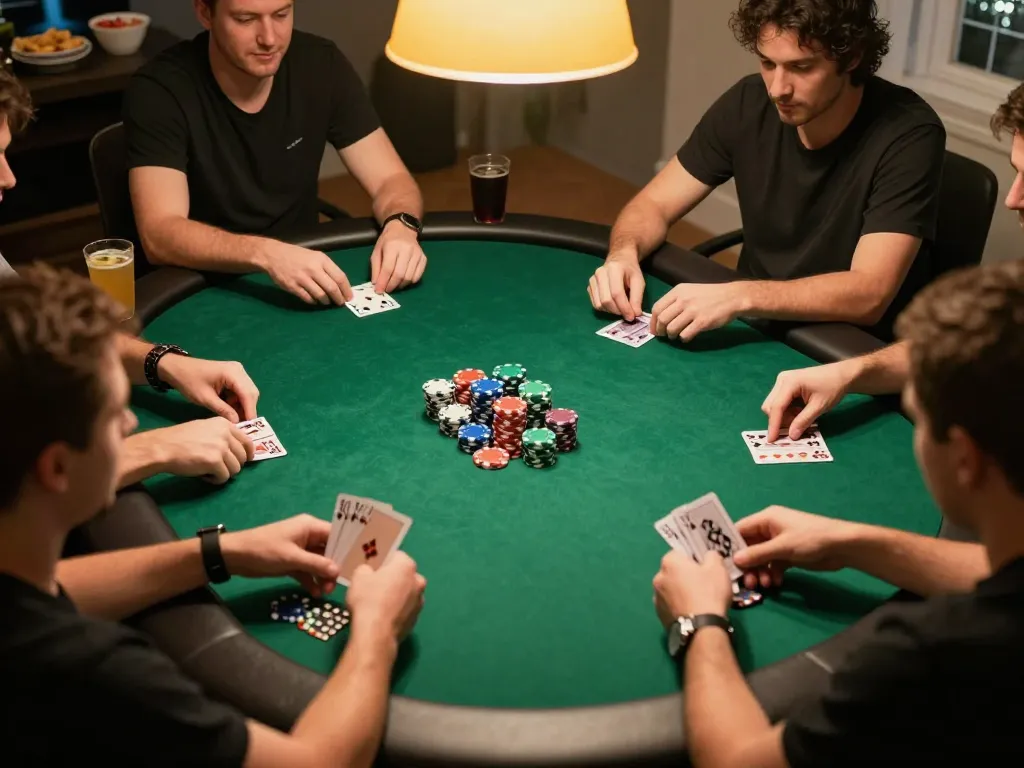 MPO08 players engaging in a friendly poker game at home, showcasing excitement and camaraderie.