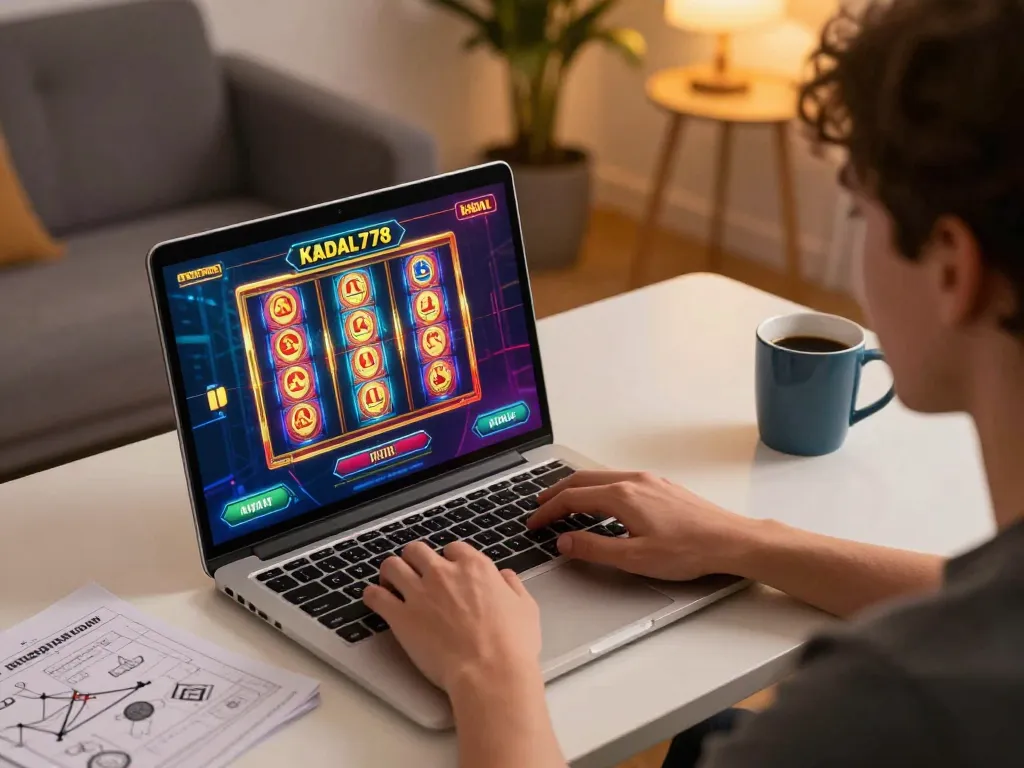 KADAL778 online gaming setup showing player engaged in strategy with laptop and cozy atmosphere.