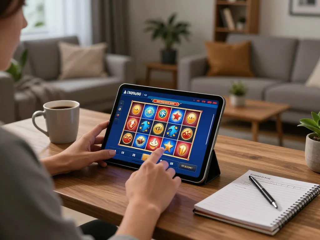 Nohu90 player engaging with online slots on tablet in cozy home environment, emphasizing responsible gaming.