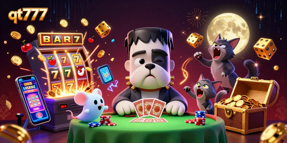 Engage with qt777's vibrant 3D casino scene featuring unique characters and exciting gaming elements.