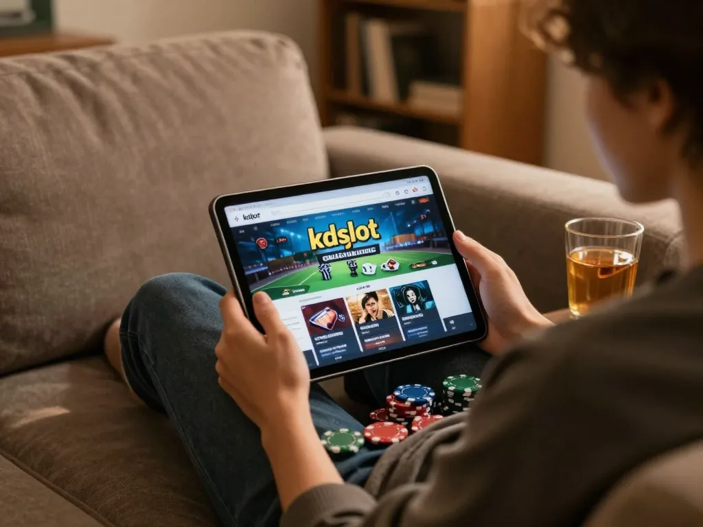 Player engaged in online kdslot gaming on tablet, showcasing strategy and comfort.