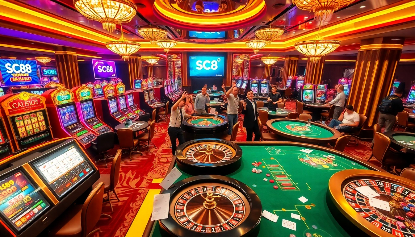 Experience the thrill of gaming at Link SC88 Việt Nam with vibrant casino tables, cards, and excited players.