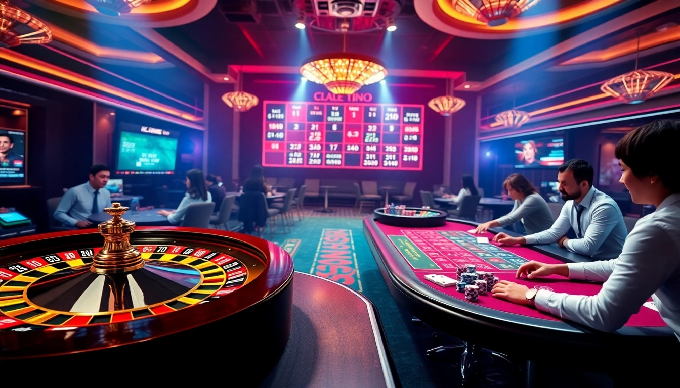 An engaging scene of online gambling at lc88 featuring vibrant casino tables and betting props.