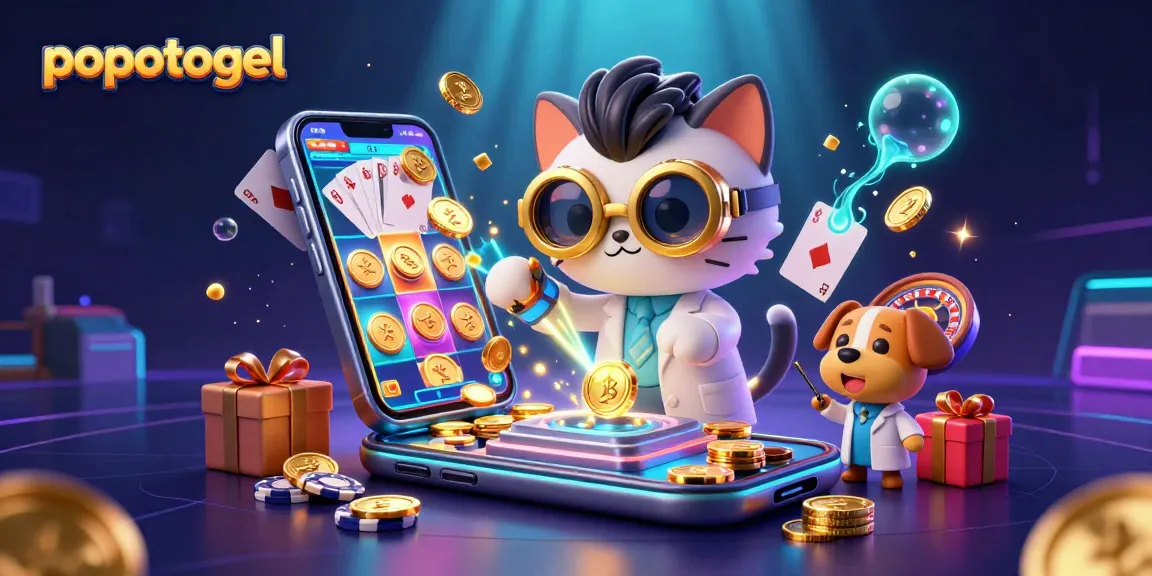 Win with popotogel by spinning slots and earning gold coins in this vibrant 3D casino scene.