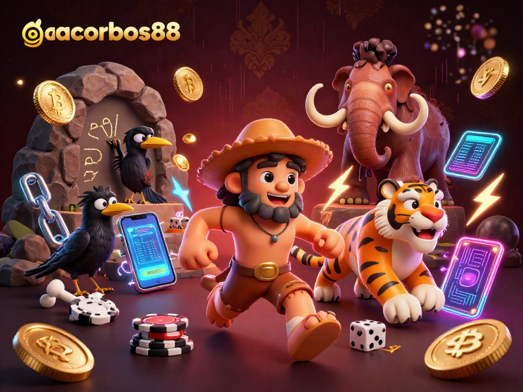 Join the action at gacorbos88, where prehistoric characters engage in vibrant casino games.