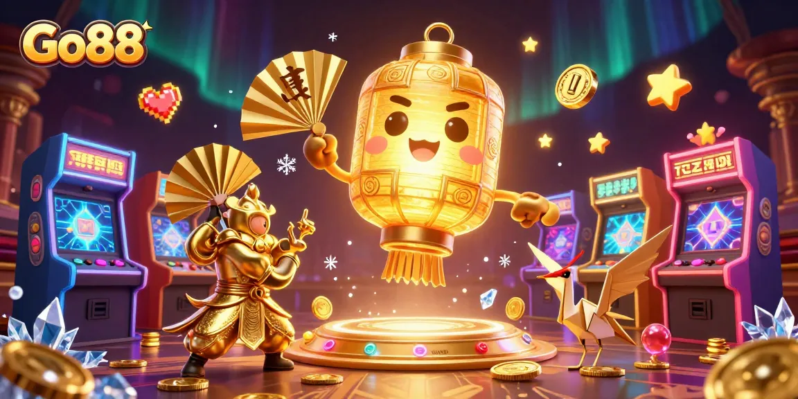 Engage with Go88's immersive gaming experience featuring vibrant arcade elements and a magical spirit.