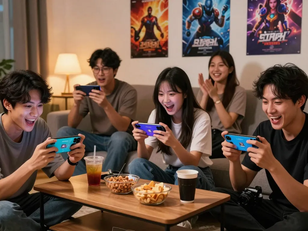 Tải game Sunwin excitement among friends playing together in a cozy living room.