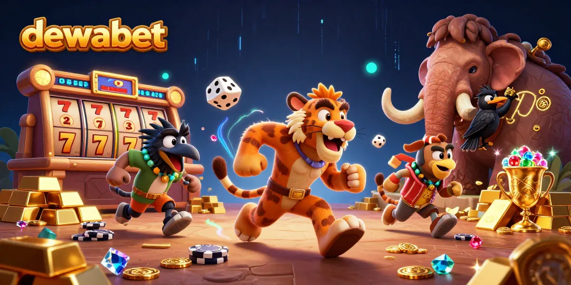 Dewabet menghadirkan pengalaman slot online melalui ilustrasi 3D dengan gulungan slot, harta berkilau, dan elemen permainan.