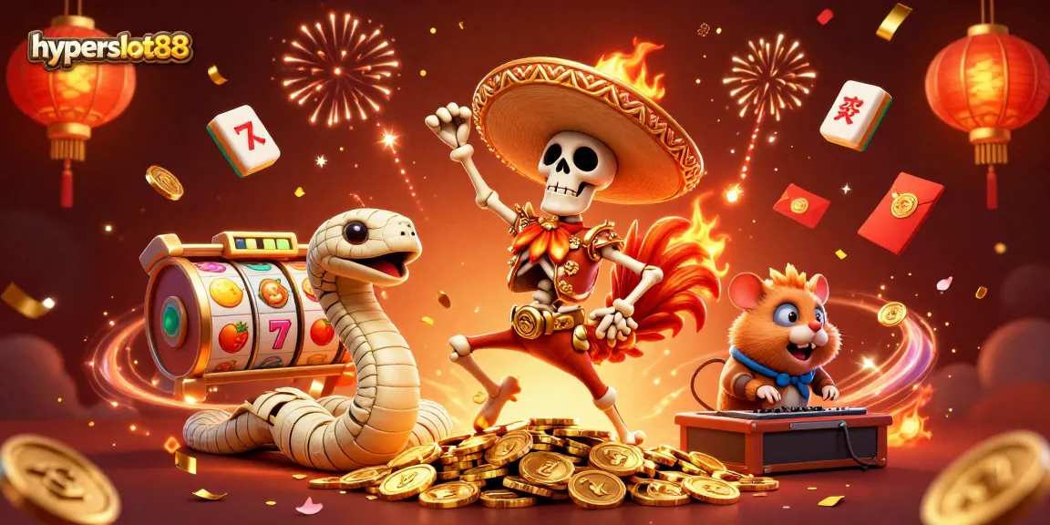 Experience thrills and jackpots with hyperslot88 in this vibrant casino-themed 3D illustration.