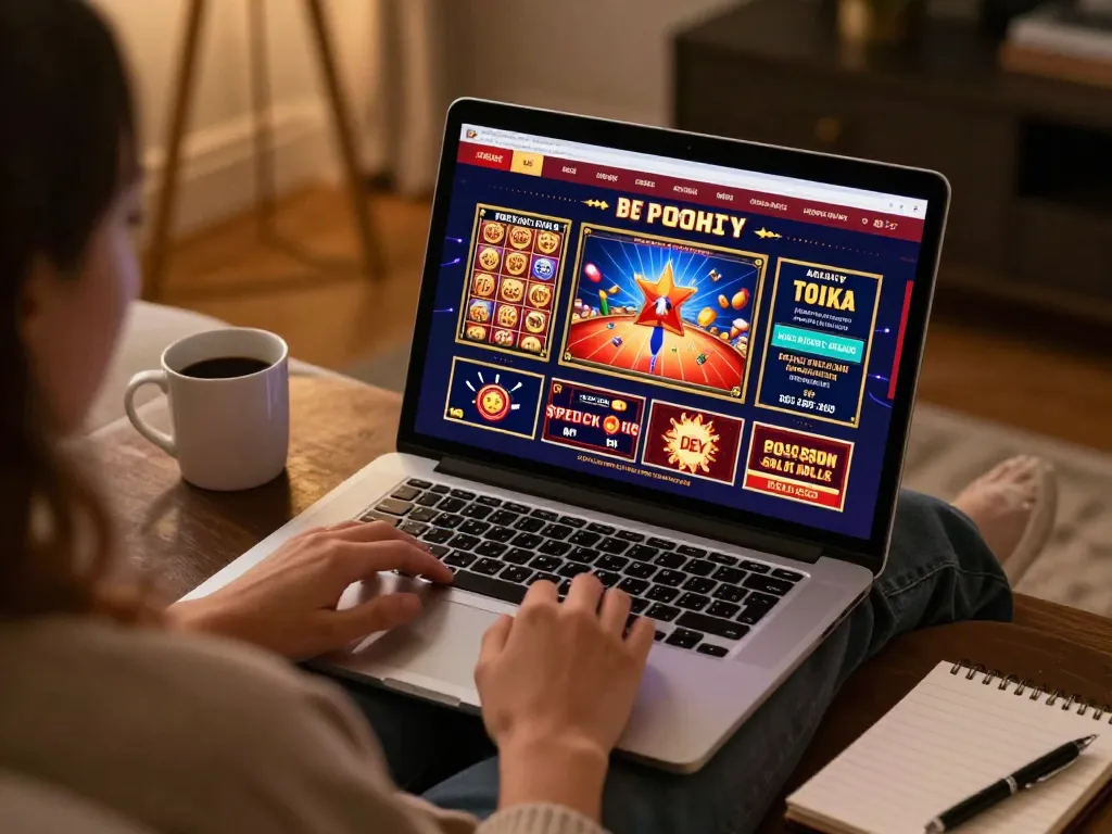 Engaging online casino experience with sun win gameplay on laptop screen, showcasing relaxed home setting