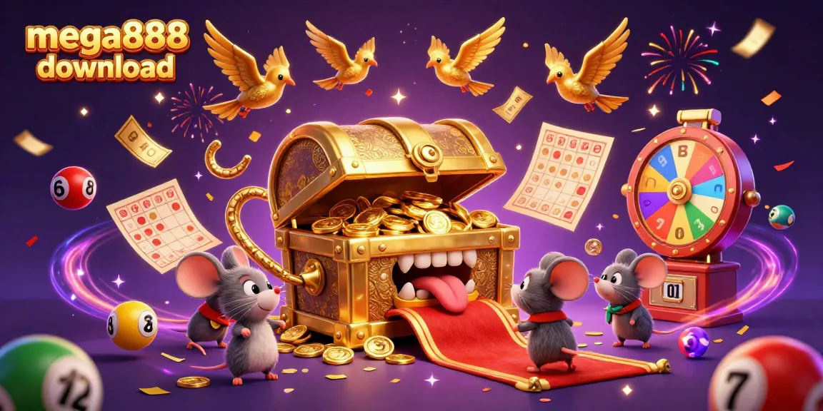 Exciting mega888 download scene featuring a treasure chest and dynamic casino elements.