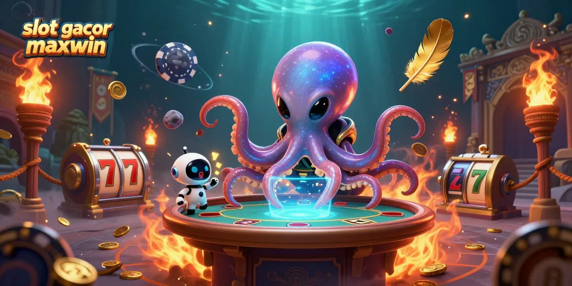 Engage in thrilling gameplay with slot gacor maxwin as a 3D alien octopus spins an exciting holographic poker table amidst vibrant cosmic elements.