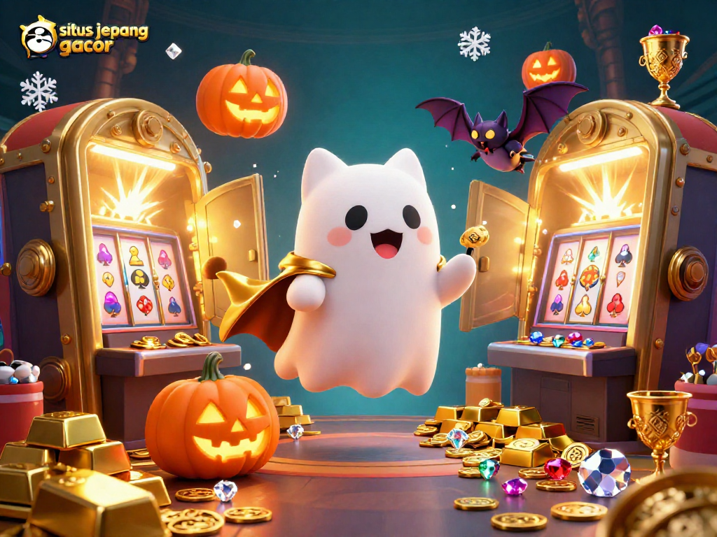 Situs jepang gacor showcases a magical casino scene with a ghost cat and treasures flying around.