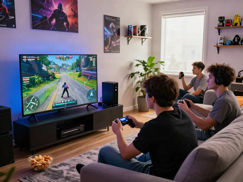 A vibrant gaming session featuring friends enjoying akunjp on a modern console in a lively living room.