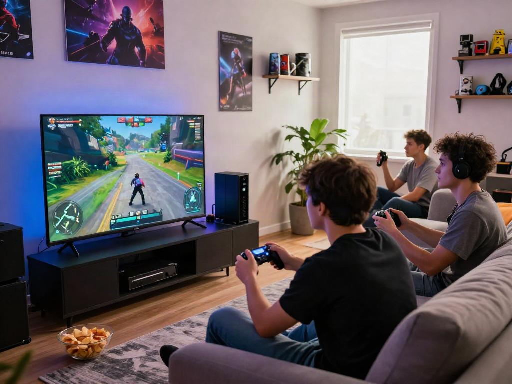 A vibrant gaming session featuring friends enjoying akunjp on a modern console in a lively living room.