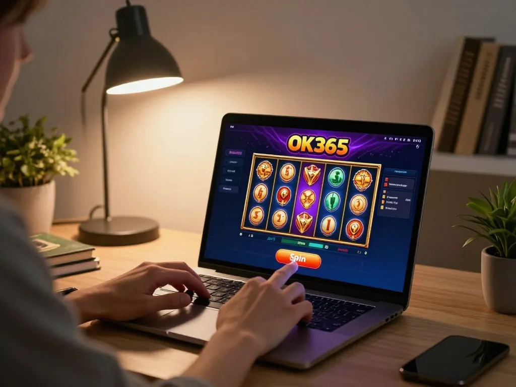 Engaging with OK365's online casino games on a laptop in a cozy home office setting