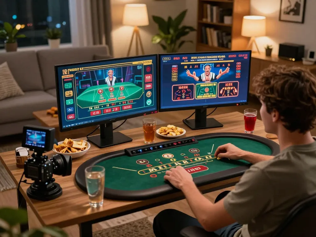 Engaged in online casino gameplay at home, showcasing responsible entertainment at https://www.bdtk66.one/ with a laptop and dual monitors.