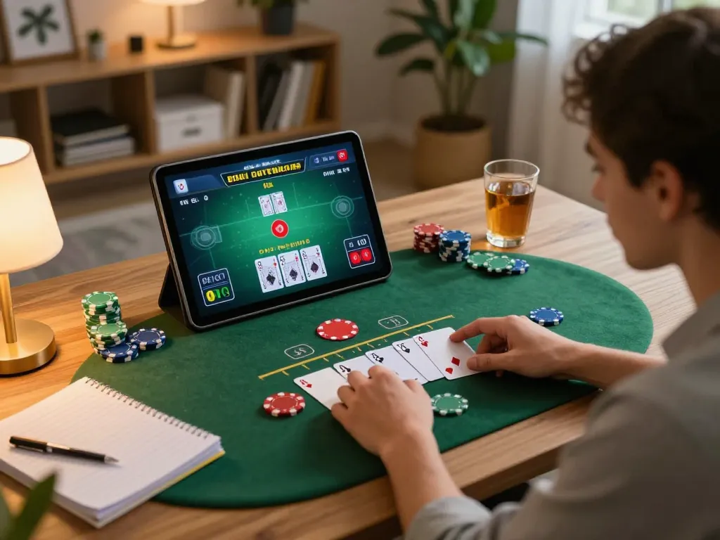 cm88 player enjoying online blackjack in a cozy home setting, focusing on strategic gameplay