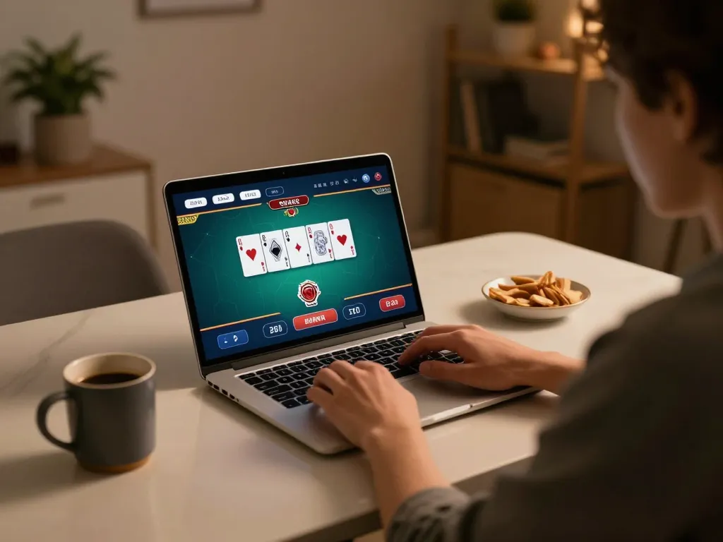 Engaging in online gambling with link vào tr88 on a laptop in a cozy setting