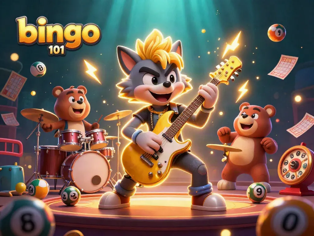 Bingo 101 characters showcasing a lively casino scene with numbered bingo balls and vibrant effects, emphasizing the gaming experience.